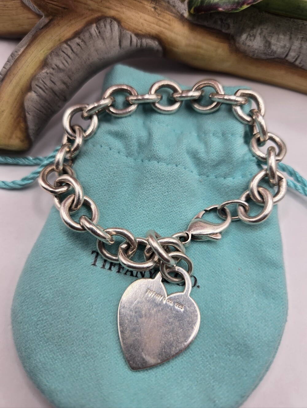 Tiffany & Co. Sterling Silver Heart Tag Charm Bracelet on Blue Pouch